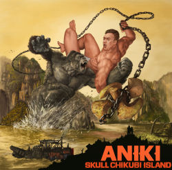 Rule 34 | animal, billy herrington, chain, crossover, eye contact, fighting, flail, gachimuchi pants wrestling, giant, godzilla (series), gorilla, kaijuu, king kong, king kong (series), kong: skull island, looking at another, monsterverse, muscular, muscular male, oversized animal, propeller, weapon, wrestling (series), zeze