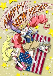 Rule 34 | 10s, 3girls, american flag, arm warmers, black legwear, blonde hair, blonde haired cure (bomber girls precure) (happinesscharge precure!), blue eyes, blue gloves, boots, brown eyes, cowboy hat, feathers, fingerless gloves, freckles, fringe trim, full body, gloves, grey eyes, grey hair, grey haired cure (bomber girls precure) (happinesscharge precure!), grey skirt, happinesscharge precure!, happy new year, hat, headband, knee boots, long hair, magical girl, multiple girls, new year, nita (onakatohoppe), pink skirt, precure, red hair, red haired cure (bomber girls precure) (happinesscharge precure!), skirt, smile, star (symbol), thighhighs, twintails, cowboy western, white footwear