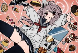 Rule 34 | 1girl, black sailor collar, black skirt, blue archive, blush, brown hair, cardigan, cowboy shot, custard, doughnut, drooling, eclair (food), fewer digits, food, grey cardigan, gun, hair ornament, hairclip, halo, highres, ice cream cone, long hair, long sleeves, looking at viewer, macaron, mikaku (vbvpahw9), miniskirt, natsu (blue archive), neckerchief, no sclera, outline, outstretched arms, pancake, pancake stack, parfait, pink background, pleated skirt, pudding, red eyes, red neckerchief, riot shield, sailor collar, shield, side ponytail, skindentation, skirt, solo, spread arms, submachine gun, thighs, triangle mouth, v-shaped eyebrows, weapon, white outline
