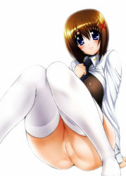 Rule 34 | 00s, 1girl, alternate legwear, ass, blue eyes, blush, bottomless, breasts, brown hair, cleft of venus, hair ornament, highres, island (kossori), large breasts, looking at viewer, lyrical nanoha, mahou shoujo lyrical nanoha, mahou shoujo lyrical nanoha strikers, necktie, pussy, short hair, smile, solo, thighhighs, uncensored, white thighhighs, yagami hayate