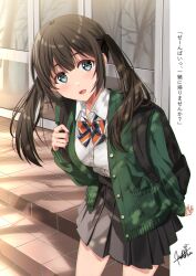Rule 34 | 1girl, black hair, black skirt, bow, bowtie, cardigan, collared shirt, day, green cardigan, green eyes, highres, kukiha, leaning forward, long hair, long sleeves, looking at viewer, open cardigan, open clothes, open mouth, original, pleated skirt, school uniform, shirt, shirt tucked in, signature, skirt, solo, striped bow, striped bowtie, striped clothes, translation request, twintails, white shirt