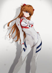 Rule 34 | 1girl, absurdres, blue eyes, bodysuit, breasts, brown hair, cowboy shot, evangelion: 3.0+1.0 thrice upon a time, eyepatch, hair between eyes, hair ornament, hand on own hip, hermmy, highres, interface headset, long hair, looking at viewer, neon genesis evangelion, plugsuit, rebuild of evangelion, shiny clothes, simple background, solo, souryuu asuka langley, two side up, very long hair, white bodysuit, wide hips
