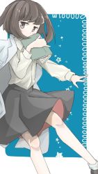 Rule 34 | bad id, bad twitter id, blue background, book, brown eyes, brown hair, covering face, lab coat, nemuindaze, shirt, shoes, short hair, simple background, skirt, socks, solo, star (symbol), touhou, usami renko