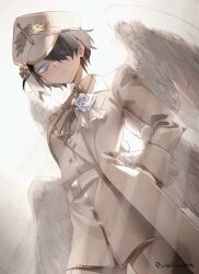 Rule 34 | 1girl, absurdres, angel wings, archangel (helltaker), black hair, blue eyes, closed mouth, commentary request, gloves, hair over one eye, hand on own hip, hat, helltaker, highres, long sleeves, looking at viewer, noah (tettsui-sole), short hair, solo, twitter username, uniform, white gloves, white hat, white uniform, white wings, wings