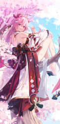 Rule 34 | 1girl, animal ears, back, bare legs, bare shoulders, barefoot, breasts, commentary request, day, detached sleeves, dress, duplicate, earrings, feet, from side, full body, genshin impact, grin, hair between eyes, hair ornament, highres, in tree, jewelry, long hair, long sleeves, looking at viewer, looking to the side, medium breasts, outdoors, petals, pink hair, pixel-perfect duplicate, purple eyes, sandals, shoe dangle, single sandal, sitting, sitting in tree, smile, solo, tree, yachimoto, yae miko
