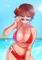 Rule 34 | 1girl, adjusting eyewear, adjusting glasses, asanome, bare shoulders, bikini, breasts, brown eyes, brown hair, collarbone, commentary request, female focus, glasses, highres, large breasts, looking over eyewear, looking over glasses, meiko (vocaloid), navel, o-ring, o-ring bottom, red bikini, short hair, side ponytail, sky, smile, solo, standing, stomach, sunglasses, swimsuit, tinted eyewear, vocaloid