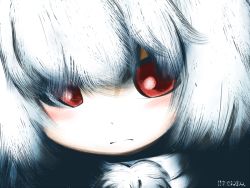 Rule 34 | 1girl, :&lt;, artist name, bad id, bad pixiv id, black background, close-up, inubashiri momiji, inunoko., looking at viewer, pom pom (clothes), red eyes, solo, touhou, white hair