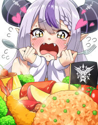 Rule 34 | 1girl, apple, apple slice, bare shoulders, blush, braid, cherry, commentary, demon horns, drooling, fangs, flag, flying sweatdrops, food, food request, fork, fruit, grey hair, hair between eyes, head rest, heart, highres, holding, holding fork, holding spoon, hololive, horns, ketchup, la+ darknesss, la+ darknesss (1st costume), long hair, long sleeves, looking at food, multicolored hair, okosama lunch, omelet, omurice, open mouth, pointy ears, pudding, purple hair, shoui, shrimp, shrimp tempura, simple background, sleeves past wrists, slit pupils, solo, spoon, streaked hair, striped horns, tearing up, tears, tempura, tomato, tongue, upper body, vegetable, virtual youtuber, white background, white sleeves, yellow eyes