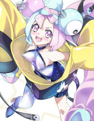 Rule 34 | 1girl, absurdres, blush, bow-shaped hair, character hair ornament, covered erect nipples, creatures (company), game freak, grey pantyhose, hair ornament, hexagon print, highres, iono (pokemon), jacket, long hair, looking at viewer, low-tied long hair, multicolored hair, niko (tama), nintendo, open mouth, oversized clothes, pantyhose, pink hair, pokemon, pokemon sv, sharp teeth, single leg pantyhose, sleeves past fingers, sleeves past wrists, smile, solo, split-color hair, teeth, two-tone hair, very long sleeves, yellow jacket