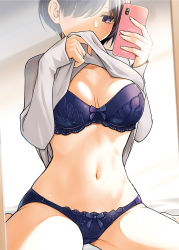 Rule 34 | 1girl, bra, breasts, cellphone, cleavage, clothes lift, dojirou, hair over one eye, highres, holding, holding phone, large breasts, lifted by self, mirror, navel, original, panties, phone, purple bra, purple eyes, purple panties, reflection, selfie, shirt, shirt lift, short hair, sitting, smartphone, solo, stomach, swept bangs, underwear, wariza, white shirt
