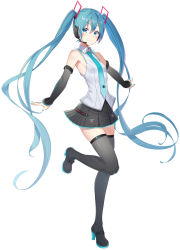 Rule 34 | 1girl, armpits, bare shoulders, bib (bibboss39), black footwear, black skirt, blue eyes, blue hair, boots, breasts, collared shirt, detached sleeves, full body, hair ornament, hatsune miku, hatsune miku (vocaloid4), headphones, high heel boots, high heels, highres, leg up, long hair, long sleeves, looking at viewer, miniskirt, necktie, pleated skirt, shirt, simple background, skirt, small breasts, smile, solo, standing, standing on one leg, thigh boots, thighhighs, very long hair, vocaloid, white background, white shirt, zettai ryouiki