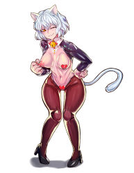 Rule 34 | 1girl, animal ears, black footwear, breasts, cat ears, cat girl, cat tail, commission, doll joints, full body, ghgnvm, hand on own hip, heart maebari, heart pasties, high heels, highres, hunter x hunter, joints, maebari, medium breasts, meme attire, navel, neck bell, neferpitou, nipples, one eye closed, pasties, red legwear, revealing clothes, reverse bunnysuit, reverse outfit, short hair, shrug (clothing), simple background, slit pupils, solo, standing, tail, white background, white hair, yellow eyes