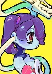 Rule 34 | 1girl, blue skin, colored skin, detached collar, detached sleeves, from side, hair over one eye, highres, leviathan (skullgirls), monster 0101, portrait, purple hair, red eyes, side ponytail, skullgirls, solo, squigly (skullgirls), stitched mouth, stitches, yellow background