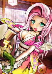 Rule 34 | 1girl, :3, :p, blush, breasts, bug, butterfly, cleavage, clip, collarbone, fluttershy, green eyes, green tea, hair ornament, hairclip, highres, insect, japanese clothes, kimono, large breasts, long hair, looking at viewer, makeup, my little pony, my little pony: friendship is magic, obi, open mouth, personification, pink hair, sash, short sleeves, skyshek, solo, tareme, tea, tongue, tongue out, unworn hair ornament, unworn hairclip, upper body, wide sleeves