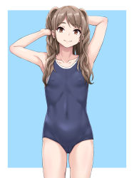 Rule 34 | 1girl, smile, arm behind head, armpits, arms up, blue background, blush, border, breasts, brown eyes, brown hair, cameltoe, cleft of venus, collarbone, covered erect nipples, female focus, flat chest, hand in own hair, highres, john doe shinobu, long hair, looking at viewer, one-piece swimsuit, original, outside border, school swimsuit, simple background, small breasts, solo, standing, swimsuit
