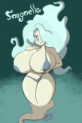 Rule 34 | 1girl, aqua hair, areola slip, bikini, breast hold, breasts, character name, english text, enraenra (youkai watch), hair over one eye, highres, huge breasts, kuroi fuumin, messy hair, monster girl, no humans, smile, swimsuit, wide hips, youkai watch, youkai watch 2