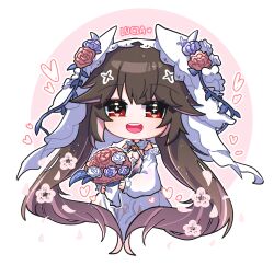 1girl absurdres bouquet breasts bride brown_hair character_name chibi cleavage cross-shaped_pupils detached_sleeves dress flower flower_hat hair_ornament heart highres holding holding_bouquet long_hair long_sleeves lucia_(pgr) official_alternate_costume open_mouth pong2 punishing:_gray_raven red_eyes solo symbol-shaped_pupils teeth upper_teeth_only veil very_long_hair white_dress white_veil x_hair_ornament