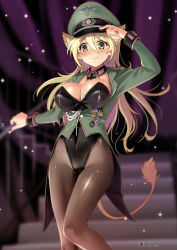 Rule 34 | 1girl, animal ears, black leotard, black pantyhose, blonde hair, blush, breasts, cleavage, closed mouth, cross, dan kanemitsu, green eyes, hannelore kummel, hat, iron cross, kittysuit, large breasts, leotard, lion ears, lion girl, lion tail, long hair, looking at viewer, medal, military, military uniform, nontraditional playboy bunny, pantyhose, playboy bunny, shiny clothes, shiny skin, smile, solo, standing, strike witches, strike witches (lionheart witch), tail, uniform, world witches series