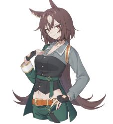 Rule 34 | 1girl, animal ears, ass, belt, belt buckle, black gloves, breasts, brown hair, buckle, choker, cleavage, closed mouth, collarbone, collared shirt, cropped legs, gloves, green legwear, hakuhatsu, hand on own hip, hand on own chest, highres, horse ears, long hair, long sleeves, looking at viewer, medium breasts, midriff, multicolored hair, navel, red eyes, shirt, simple background, sirius symboli (umamusume), smile, solo, two-tone hair, umamusume, v-shaped eyebrows, white background