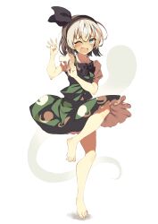 Rule 34 | 1girl, absurdres, barefoot, black bow, black headwear, blue eyes, bow, commentary request, feet, full body, green skirt, green vest, grey hair, hair between eyes, hair bow, hands up, highres, konpaku youmu, konpaku youmu (ghost), looking to the side, magatama print, one eye closed, open mouth, partial commentary, puffy short sleeves, puffy sleeves, scared, seika okawari, shirt, short hair, short sleeves, simple background, skirt, solo, standing, standing on one leg, sweatdrop, tears, toes, touhou, vest, white background, white shirt