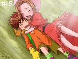 1boy 1girl blush digimon digimon_adventure gloves hat hug izumi_koshiro long_hair short_hair tachikawa_mimi