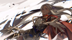 Rule 34 | 1girl, cape, edelgard von hresvelg, fire emblem, fire emblem: three houses, fire emblem warriors: three hopes, floating hair, foreshortening, gloves, hair between eyes, hair ribbon, highres, injury, long hair, looking at viewer, nintendo, outstretched hand, purple ribbon, red cape, ribbon, solo, user zpey3748, white gloves, wind
