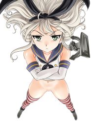 Rule 34 | 10s, 1girl, anchor hair ornament, blonde hair, bottomless, cleft of venus, collarbone, crossed arms, elbow gloves, female focus, full body, game cg, gloves, green eyes, hair ornament, highleg, highres, kantai collection, legs apart, lento (glamour works), long hair, looking at viewer, messy hair, navel, neckerchief, no panties, outdoors, rensouhou-chan, school uniform, shimakaze (kancolle), smile, solo, standing, striped clothes, striped thighhighs, thighhighs, uniform