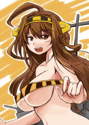 Rule 34 | 10s, 1girl, :d, ahoge, badhand, bandeau, breasts, brown eyes, brown hair, covered erect nipples, highres, kantai collection, kongou (kancolle), large breasts, long hair, looking at viewer, open mouth, smile, solo, underboob, upper body