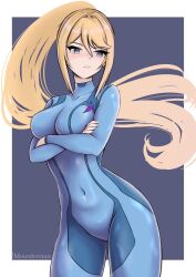 Rule 34 | 1girl, arms under breasts, artist name, blonde hair, blue bodysuit, bodysuit, breasts, closed mouth, covered navel, cowboy shot, crossed arms, grey eyes, hair between eyes, highres, long hair, looking at viewer, metroid, mourderousx, nintendo, ponytail, samus aran, solo, zero suit