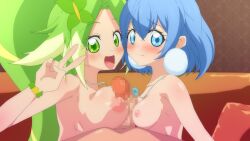 Rule 34 | 2girls, asymmetrical docking, blue eyes, blue hair, breast press, breasts, butterfly hair ornament, couch, embarrassed, green eyes, green hair, hair ornament, high ponytail, highres, jewelpet (series), jewelpet magical change, jewelry, large breasts, larimer (jewelpet), long hair, medium breasts, multicolored hair, multiple girls, non-web source, parted bangs, pendant, penis, peridot (jewelpet), short hair, smile, teiputi, two-tone hair, v, very long hair