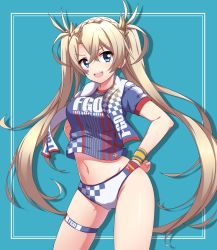 Rule 34 | 1girl, blonde hair, blue background, blue eyes, blue shirt, blush, body writing, bradamante (fate), bradamante (festival outfit) (fate), braid, breasts, checkered clothes, checkered panties, clothes writing, crown braid, drawing on another&#039;s face, fate/grand order, fate (series), hair between eyes, hands on own hips, heroic spirit festival outfit, highres, long hair, looking at viewer, medium breasts, minowa sukyaru, navel, open mouth, panties, shirt, short sleeves, simple background, skindentation, smile, solo, striped clothes, striped shirt, t-shirt, thigh strap, thighs, towel, towel around neck, twintails, underwear, vertical stripes, very long hair, white panties, wristband