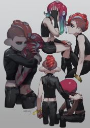 Rule 34 | 2boys, 2girls, afro, agent 8 (splatoon), anklet, asymmetrical sleeves, banonefans, black footwear, black gloves, black pants, black shirt, black skirt, boots, bracelet, closed eyes, colored skin, covering own ears, cropped legs, dark-skinned male, dark skin, dated, fingerless gloves, from side, gloves, gradient hair, green hair, grey background, half-closed eyes, hand on another&#039;s shoulder, holding hands, hug, invisible chair, jewelry, medium hair, midriff, miniskirt, mohawk, multicolored hair, multicolored skin, multiple boys, multiple girls, multiple views, navel, nintendo, octoling, octoling boy, octoling player character, on one knee, pants, pencil skirt, pointy ears, red hair, scar, shirt, short hair, simple background, sitting, skirt, splatoon (series), splatoon 2, splatoon 2: octo expansion, squidbeak splatoon, suction cups, uneven sleeves