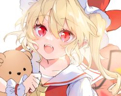 Rule 34 | 1girl, :d, blonde hair, fangs, flandre scarlet, hair between eyes, hat, highres, holding, holding stuffed toy, mob cap, one side up, open mouth, paragasu (parags112), pointy ears, red eyes, smile, solo, stuffed animal, stuffed toy, teddy bear, touhou, wings, wrist cuffs