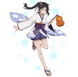 Rule 34 | 1girl, alternate costume, artist request, black eyes, black hair, bow, closed mouth, collarbone, dungeon ni deai wo motomeru no wa machigatteiru darou ka, food, full body, hair ornament, halloween, holding, holding food, holding pumpkin, holding vegetable, japanese clothes, kimono, long hair, long sleeves, looking at viewer, obi, official art, parted bangs, ponytail, pumpkin, purple bow, sandals, sash, short kimono, side ponytail, smile, solo, sparkle, standing, standing on one leg, transparent background, vegetable, white kimono, wide sleeves, yamato mikoto