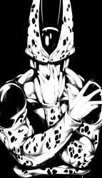 Rule 34 | 1boy, black background, cell (dragon ball), dragon ball, dragonball z, greyscale, hand over face, highres, irohara mitabi, male focus, monochrome, muscular, simple background, solo