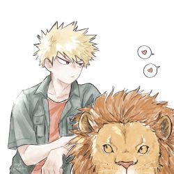 Rule 34 | 1boy, animal, aqistory, bakugou katsuki, blonde hair, boku no hero academia, closed mouth, commentary request, green shirt, heart, highres, lion, looking at another, looking to the side, male focus, official alternate costume, open clothes, open shirt, orange shirt, red eyes, shirt, short hair, short sleeves, simple background, spiked hair, spoken heart, thai commentary, white background