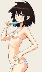 Rule 34 | 1girl, arm at side, bikini, blush, breasts, brown hair, covered erect nipples, cowboy shot, food, from side, grey background, hand on own hip, highres, holding, holding food, holding ice cream, ice cream, licking, looking at viewer, messy hair, navel, onimushi hyogo, original, ribs, simple background, skinny, small breasts, standing, string bikini, swimsuit, tongue, tongue out, white bikini, yellow eyes