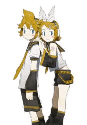 Rule 34 | 1boy, 1girl, black sailor collar, black shorts, black socks, blonde hair, blue eyes, blush stickers, bow, brother and sister, closed mouth, detached sleeves, dot nose, feet out of frame, from side, hair bow, hair ornament, hairclip, hands on another&#039;s shoulders, headphones, highres, kagamine len, kagamine rin, leg warmers, light smile, looking back, ma fu, neckerchief, necktie, number tattoo, open mouth, puffy short sleeves, puffy sleeves, raised eyebrows, sailor collar, shirt, short hair, short shorts, short sleeves, shorts, shoulder tattoo, siblings, sideways glance, sleeveless, sleeveless shirt, smile, socks, tattoo, vocaloid, white background, white bow, white shirt, x hair ornament, yellow neckerchief, yellow necktie