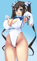 Rule 34 | 1girl, adapted costume, black hair, blue background, blue ribbon, breasts, cleavage, cleavage cutout, clothing cutout, commentary request, dungeon ni deai wo motomeru no wa machigatteiru darou ka, gloves, gradient background, hestia (danmachi), highleg, highleg leotard, large breasts, leotard, long hair, nanashi mushi, open mouth, rei no himo, ribbon, round teeth, solo, teeth, twintails, underwear, upper teeth only, white gloves, white leotard