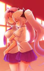 Rule 34 | 10s, 2girls, artist request, bare legs, blue neckwear, blue skirt, blush, bow, breasts, collared shirt, female focus, friends, hair bow, hibari (senran kagura), hug, hug from behind, large breasts, legs, long hair, looking at another, looking back, multiple girls, necktie, pink hair, pleated skirt, school uniform, senran kagura, shirt, short hair, short sleeves, silver hair, skirt, standing, sunset, twintails, very long hair, white shirt, window, yagyu (senran kagura), yuri