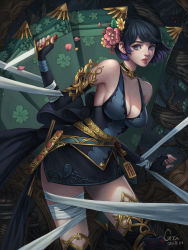 Rule 34 | 1girl, absurdres, artist name, bandages, bare shoulders, black dress, black gloves, breasts, character request, cleavage, concept art, copyright request, dress, fingerless gloves, flower, gloves, green dress, gzi (shiba-ko), hair flower, hair ornament, highres, holding, holding knife, knife, leaning to the side, parted lips, purple hair, red flower, short hair, solo, teeth