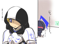 Rule 34 | 2boys, armor, arthur pendragon (fate), berserker (fate/zero), blonde hair, blue eyes, chibi, cloak, comic, commentary request, exit sign, fate/prototype, fate/zero, fate (series), full armor, glowing, goma (gomasamune), hallway, helmet, highres, hood, hood up, hooded cloak, looking to the side, multiple boys, peeking out, sweatdrop, tail, translation request, visor