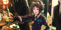 Rule 34 | 1girl, black gloves, black hair, black neckwear, black suit, boots, bottle, character request, earrings, formal, game cg, gloves, goggles, goggles on head, highres, jacket, jewelry, kouya no kotobuki hikoutai, long sleeves, multiple boys, neck ribbon, non-web source, official art, open mouth, pendant, ribbon, saloon doors, shirt, short hair, solo focus, striped clothes, striped jacket, suit, table, vertical-striped clothes, vertical-striped jacket, white shirt