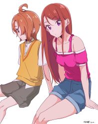 Rule 34 | 1boy, 1girl, ayame iro (toumei dolce), blue shorts, breasts, brown hair, brown shorts, cleavage, closed mouth, collarbone, dress shirt, hair over one eye, highres, hijiri ageha, hirogaru sky! precure, long hair, looking at viewer, medium breasts, pink shirt, precure, red eyes, shirt, short hair, short shorts, short sleeves, shorts, simple background, straight hair, sweater vest, very long hair, white background, white shirt, yellow sweater vest, yuunagi tsubasa