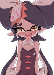 Rule 34 | + +, 1girl, arm support, black hair, black jumpsuit, breasts, callie (splatoon), cleavage, crying, crying with eyes open, detached collar, fang, food, food on head, gloves, highres, inkling, jumpsuit, long hair, looking at viewer, medium breasts, mole, mole under eye, nintendo, object on head, open mouth, pointy ears, short jumpsuit, simple background, smile, solo, splatoon (series), splatoon 1, standing, strapless, sukeo (nunswa08), sushi, tears, tentacle hair, upper body, very long hair, white background, white gloves
