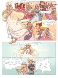 Rule 34 | 1boy, 6+girls, annoyed, blonde hair, blue dress, blue eyes, bow, breasts, brown hair, closed eyes, comic, dress, earrings, elf, gloves, grin, highres, hylia, jewelry, knife, link, long hair, long sleeves, multiple girls, musical note, necklace, nintendo, one eye closed, open mouth, pink dress, pointy ears, princess zelda, red hair, serious, sidelocks, sleeping, smile, speech bubble, talking, tetra, the legend of zelda, the legend of zelda: a link to the past, the legend of zelda: breath of the wild, the legend of zelda: four swords, the legend of zelda: ocarina of time, the legend of zelda: oracle of ages, the legend of zelda: oracle of seasons, the legend of zelda: skyward sword, the legend of zelda: spirit tracks, the legend of zelda: tears of the kingdom, the legend of zelda: the minish cap, the legend of zelda: the wind waker, the legend of zelda: twilight princess, the legend of zelda (nes), tiara, toon zelda, triforce, white dress, wink, young zelda, zelda ii: the adventure of link