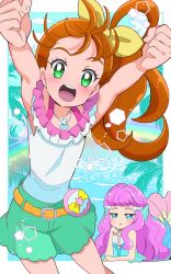 Rule 34 | 2girls, :d, arms up, bare shoulders, blue eyes, blue sky, blush, bow, brown hair, chibi, cowboy shot, day, green eyes, green shorts, hair bow, hair strand, head rest, highres, jewelry, juugoya neko, laura (precure), long hair, looking at viewer, lying, mermaid, monster girl, multiple girls, natsuumi manatsu, necklace, ocean, on stomach, open mouth, outdoors, palm tree, pearl necklace, pink hair, precure, rainbow, shorts, side ponytail, sky, sleeveless, smile, tree, tropical-rouge! precure, yellow bow