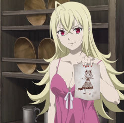 Rule 34 | 1girl, ahoge, bare shoulders, blonde hair, blush, breasts, carmilla vanstein, cleavage, closed mouth, collarbone, fafnir guildmelag linda blair hanako, hataage! kemono michi, highres, large breasts, long hair, looking at viewer, nail polish, pointy ears, red eyes, red nails, screencap, slit pupils, smile, solo, stitched, third-party edit, upper body