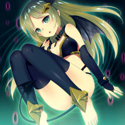 Rule 34 | 1girl, bare shoulders, black thighhighs, blonde hair, breasts, bridal gauntlets, cleavage, collar, demon girl, demon tail, gradient hair, green eyes, green hair, hair ornament, long hair, matching hair/eyes, multicolored hair, original, pointy ears, solo, tail, thighhighs, zpolice