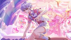 Rule 34 | 1boy, afterl!fe, bird, blue hair, bow, bowtie, brown eyes, flamingo, highres, jamie (afterl!fe), legwear garter, loafers, looking at viewer, male focus, official art, parted lips, second-party source, shoes, short hair, short sleeves, shorts, socks, solo, star (symbol), teeth